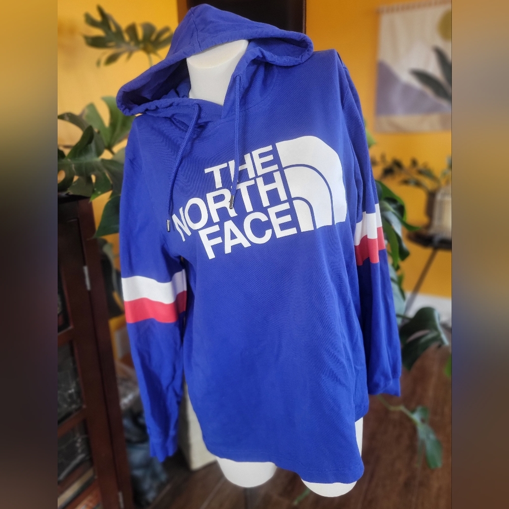 The North Face Blue Hoodie with Red and White Stripes
